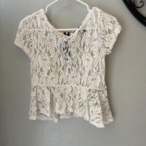 vintage sheer lace White Lace Peplum Short Sleeve floral‎ Top